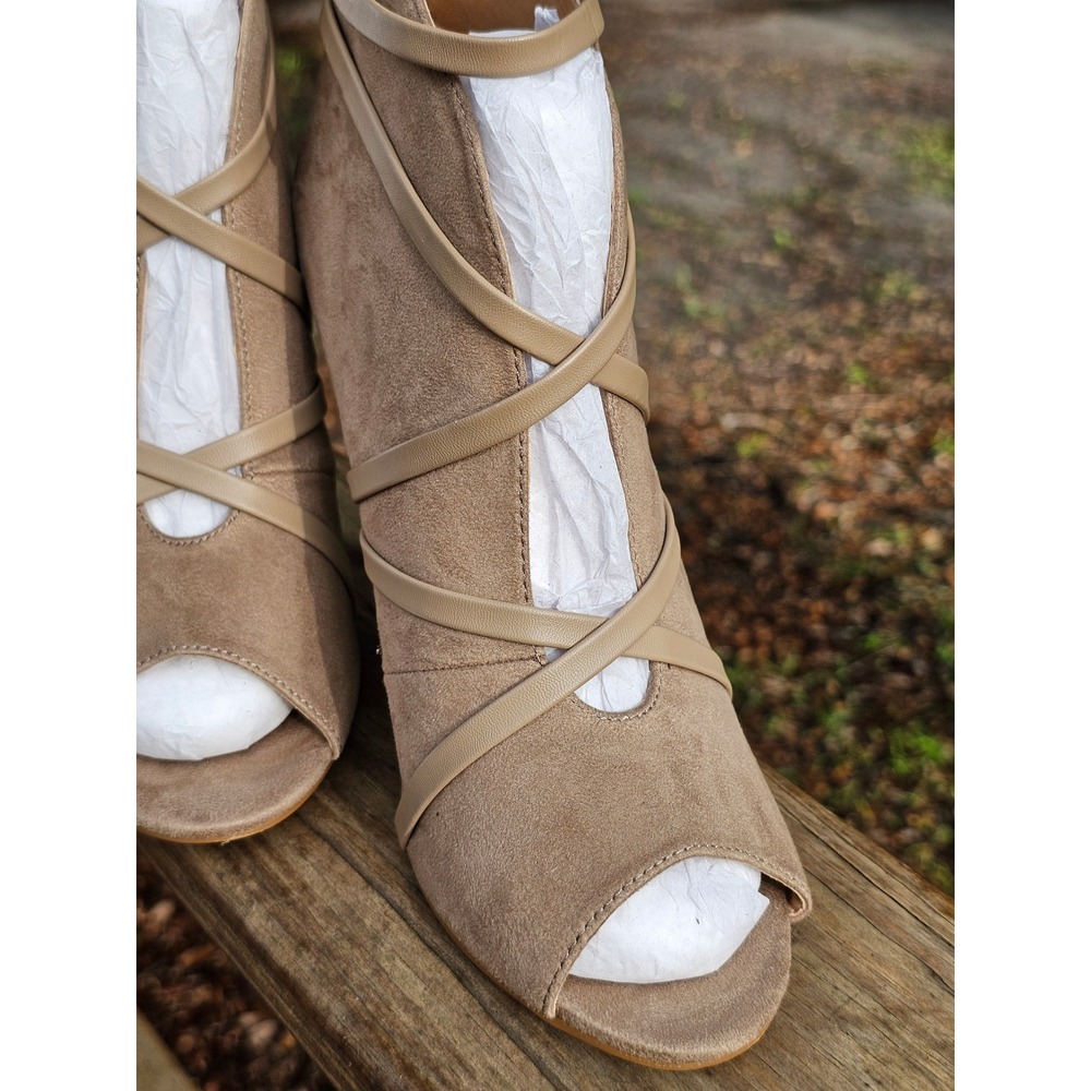 Taupe Faux Suede Strappy Peep Toe Stiletto Ankle Booties Heel Size 10 - Picture 3 of 8